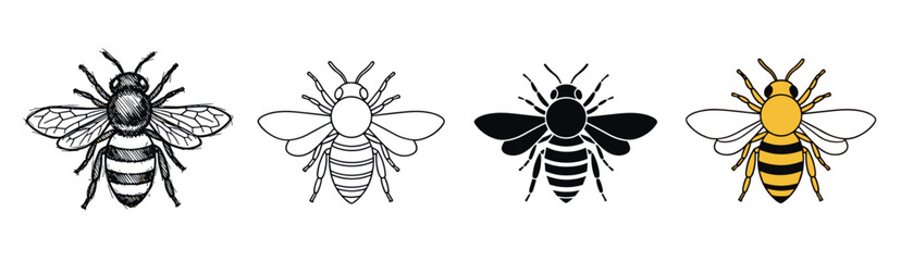 Fototapeta premium Collection of four bee illustrations in various artistic styles including detailed sketch, simple outline, solid black silhouette, and classic yellow color graphic design