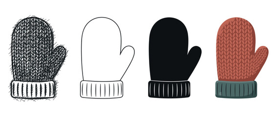 Fototapeta na wymiar Set of four winter mitten illustrations in different artistic styles including hand-drawn sketch, simple outline, solid black silhouette, and a colorful flat vector design