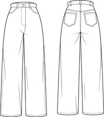 Cad drawing flat vector illustration, wide-leg pants front and back view, fashion sketch, garment template, tailored waistband design