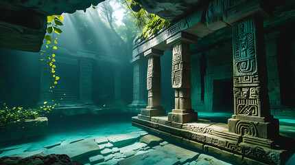 Fototapeta premium A breathtaking scene of Mayan ruins half submerged in a cenote, illuminated by soft beams of sunlight, creating an awe-inspiring atmosphere. Ideal for projects related to ancient cultures.