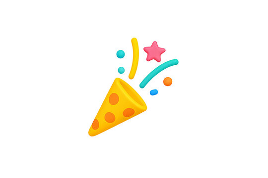 A 3D-rendered emoji of a party popper is centered against a transparent background. It is shaped like a cone, colored a bright yellow with a textured appearance and orange circular dots.