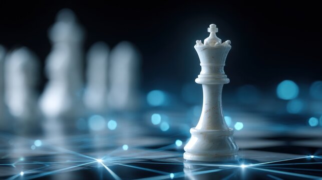 A single white chess queen stands on a board with glowing blue lines other blurred pieces behind