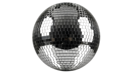 Classic mirrored disco ball isolated on a stark black background, symbolizing retro party fun.