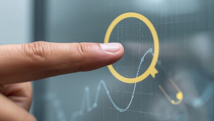 Finger Touching Magnifying Glass Icon on Digital Financial Data Screen