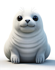 Fototapeta premium A cute, chubby baby seal character with smooth white fur and big glossy eyes sits on a clean white background, creating a soft and charming minimalist scene.