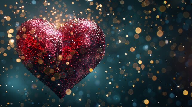 Vivid red sequin heart with sparkling confetti and glowing bokeh for a romantic celebration