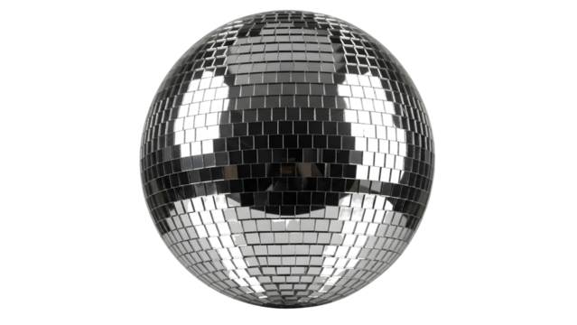 Classic mirrored disco ball isolated on a stark black background, symbolizing retro party fun.