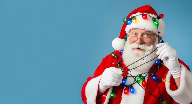 Santa Claus Tangled in Colorful Christmas Lights on Blue Background