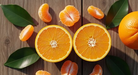 A vibrant display of sliced oranges and mandarin segments with leaves on a wooden surface top view