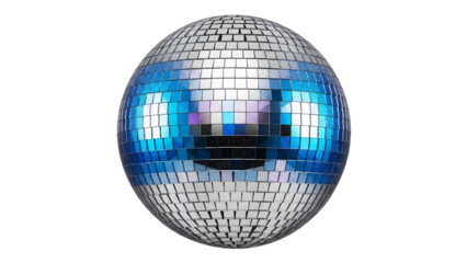 Shiny Disco Ball with Vibrant Blue Reflections on Black Background, Perfect for Parties.