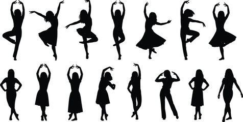 Large Set of Female Silhouettes in Dynamic Ballet, Modern Dance, and Performing Arts Poses, Illustrating Grace, Movement, Choreography, and Artistic Expression Concepts.