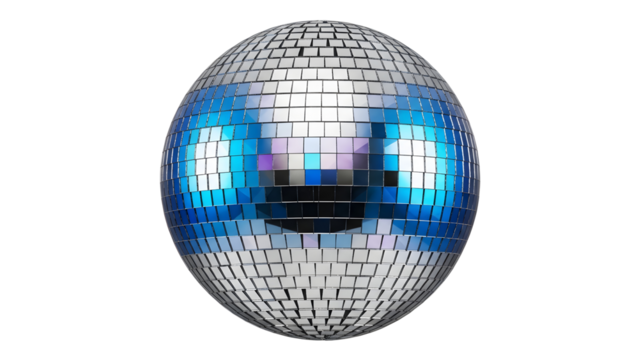 Shiny Disco Ball with Vibrant Blue Reflections on Black Background, Perfect for Parties. - Powered by Adobe