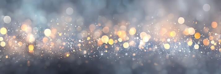 elegant abstract holiday background, warm golden bokeh lights, grey blue, sparkling glitter, banner with copy space, mockup, Christmas, New Year, holiday campaign, luxury branding, cozy winter design.