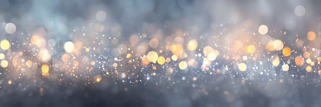 elegant abstract holiday background, warm golden bokeh lights, grey blue, sparkling glitter, banner with copy space, mockup, Christmas, New Year, holiday campaign, luxury branding, cozy winter design.