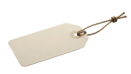 Blank paper tag with rustic string, isolated on black background, offering ample copy space.