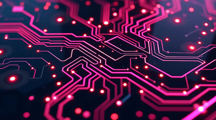 Obraz premium Glowing pink circuit board plate with illuminated pathways and bright dots creating futuristic technology design with vibrant colors and depth