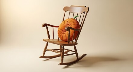Pumpkin pillow resting on a wooden rocking chair against a neutral backdrop creating a cozy autumn scene