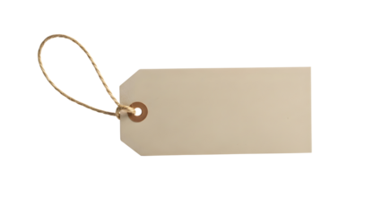 Blank beige paper tag with string, isolated on black background, copy space