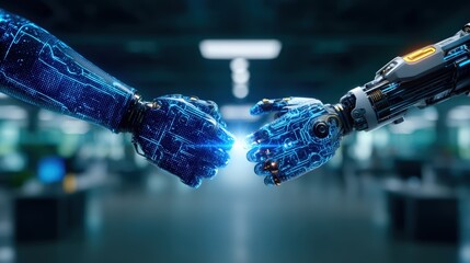 Futuristic encounter between intelligent robotic hands tech laboratory digital art high-tech environment close-up view innovation concept