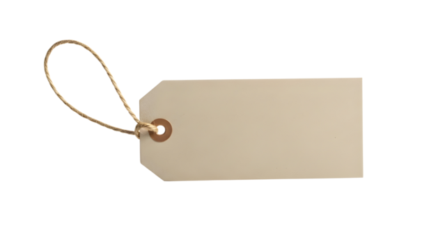 Blank beige paper tag with string, isolated on black background, copy space