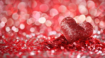 Bright red sequin heart surrounded by tiny sparkling confetti, intense glowing bokeh, festive romantic composition