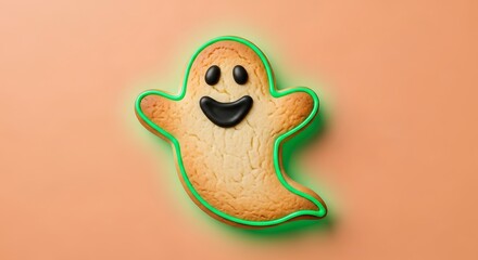 Spooky ghost cookie with green icing on a peach background for halloween themed party and trick or treat