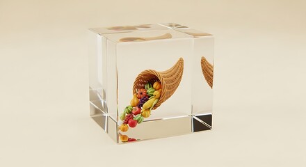 Cornucopia of fruits and vegetables inside a clear glass cube on a light beige background studio shot