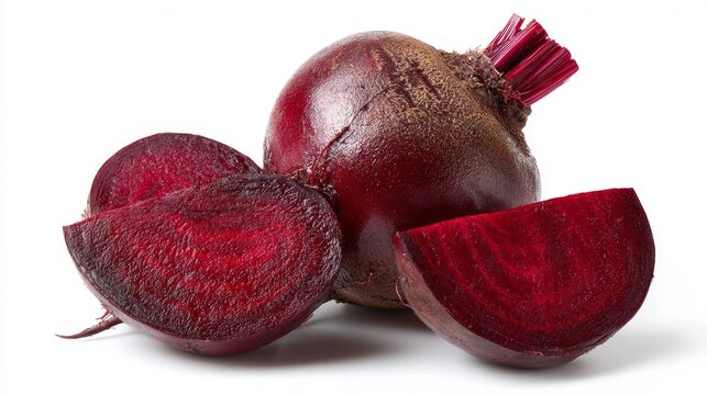 Whole beetroot and two sliced parts isolated on white, clipping path
