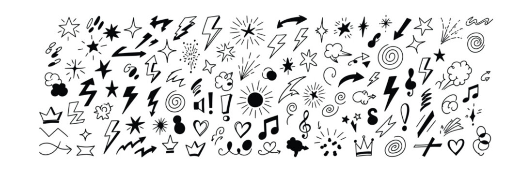 Hand drawn doodle collection of stars lightning bolts and musical notes