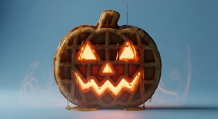 Halloween pumpkin waffle with dripping syrup against a blue background for a spooky breakfast treat