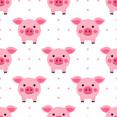 Obraz premium Cute cartoon seamless pattern set featuring pink pig and cat animal faces