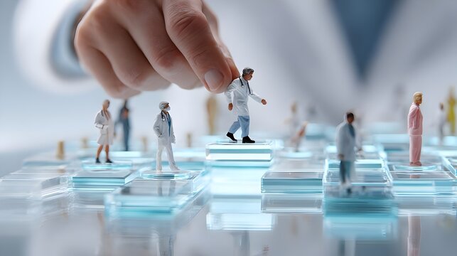 Male executive moving a doctor piece on a futuristic floating chess board. Concept: Healthcare strategy, medical management, futuristic decision-making, business, medicine visualization.