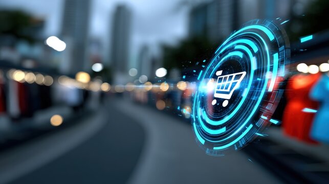 Seamless shopping experience urban marketplace digital interface cityscape close-up view e-commerce innovation