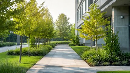 Modern landscaped walkway beside a contemporary office building featuring lush green trees, trimmed plants, and a clean urban pathway
