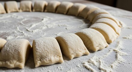 Dough pieces arranged in a circle on a floured surface ready for baking or cooking preparation stage