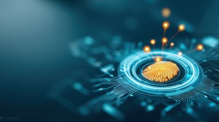 Technological action digital fingerprint recognition cybersecurity innovation infographic design futuristic environment macro viewpoint identity verification concept