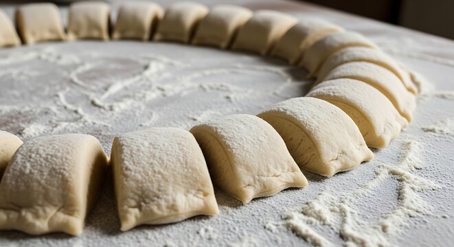 Dough pieces arranged in a circle on a floured surface ready for baking or cooking preparation stage - Powered by Adobe