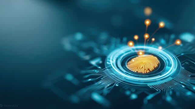 Technological action digital fingerprint recognition cybersecurity innovation infographic design futuristic environment macro viewpoint identity verification concept