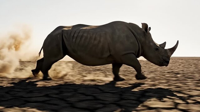 White rhinoceros charging across a dusty desert landscape kicking up an impressive cloud of sand A powerful display of speed and raw nature in an African safari