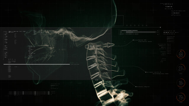 Biotech X-ray scan of lumbar spine with digital HUD diagnostics, vertebrae mapping, and futuristic medical interface elements for advanced anatomy visualization