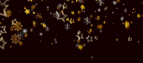 Christmas background with golden stars, snowflakes, and holiday elements against a dark backdrop. Perfect for seasonal d
