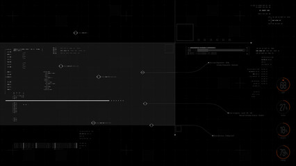 Futuristic HUD interface template featuring grid lines, data panels, diagnostic markers, and sci-fi UI elements, designed for high-tech overlays in cinematic, biotech, and digital media