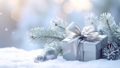 Elegant silver Christmas gift box with shimmering bow nestled in snow, creating a magical winter holiday scene of festive cheer and joyful anticipation