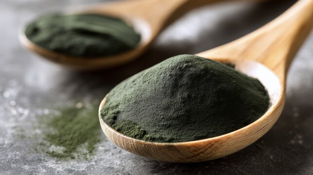 Wooden spoon filled with spirulina algae green powder, close-up view of healthy supplement