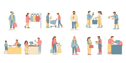 Fototapeta premium People Customer in Store. Cartoon Shopping Person Characters Funny Doodle Hand Drawn Human Consumer.