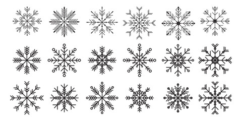 Graphic Snowflake Bundle. Winter Holiday Symbol. Christmas or new Year Greeting Card or Invitation Decoration Element. Retro Symmetry Snow Crystal Snowflake Star Sign. 