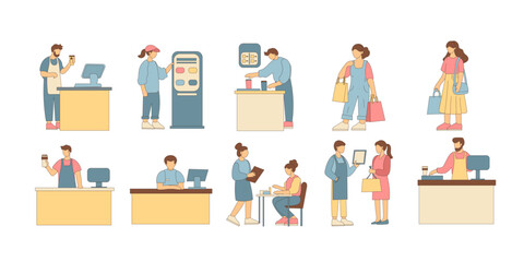 People Customer in Store. Cartoon Shopping Person Characters Funny Doodle Hand Drawn Human Consumer.