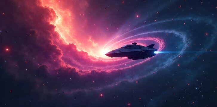 A lone spaceship hurtles through a swirling nebula, stars blazing in the distance, representing the vastness and mystery of a mission in the cosmos , dust, cosmic