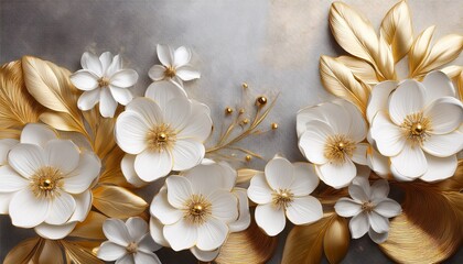 close up of elegant white and gold flowers with shimmering accents on a textured background