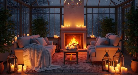 A cozy living room featuring a fireplace and candles, creating a warm and inviting atmosphere.